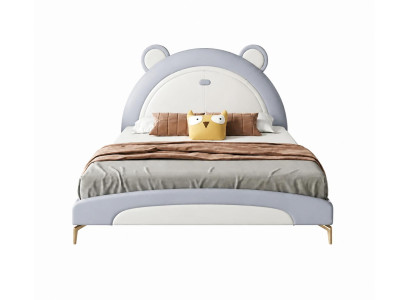 Graues Leder-Kinderbett Jugendbett mit Matratze Teddybär Kindermöbel