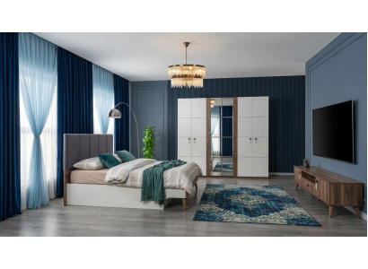 Schlafzimmer-Set Schrank Bett Kopfteil Modern Weiß Holz Bequem Weich