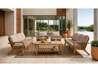 Terrassenlounge Set Beige Bequem 3-Sitzer Loungesofa Sessel Couchtisch