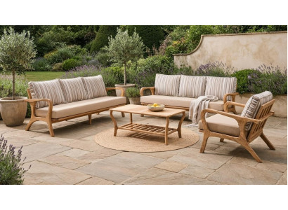 Gartenlounge Set 3-Sitzer Sofa Sessel Beige Kissen Couchtisch Holz
