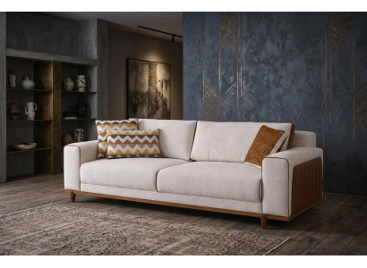 Komfortables 3 Sitzer Sofa Beige mit Holz Fuss Design