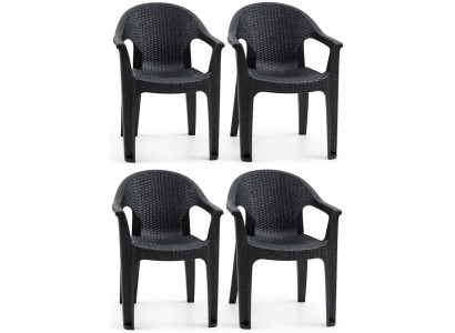 Kunststoff 4x Stuhl Rattan Look Bequeme Rückenlehne Armlehnen Schwarz Braun