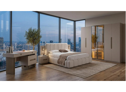 Schlafzimmer Set Bettgestell Schrank Kommode Nachttisch Modern Greige