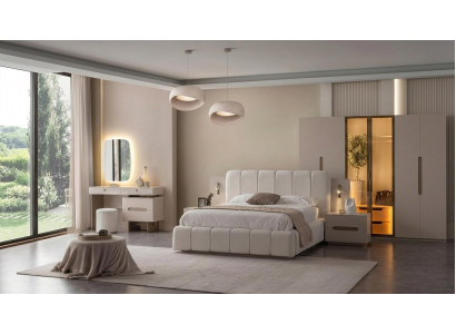 Schlafzimmer Set Bett Schrank 2x Nachttische Kommode Spiegel Hocker Fein
