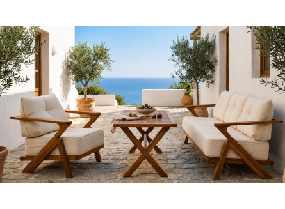 Gartenlounge Set 3-Sitzer Sofa Sessel Beige Kissen Couchtisch Holz