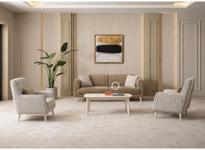 Sofa 3-Sitzer Braun Beige Stoff 2 Sessel Modern Polstergarnitur