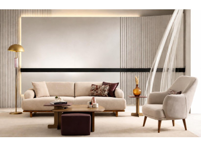 Sofa Sessel Beige Stoff Holz Modern Wohnzimmer Sitzgarnitur