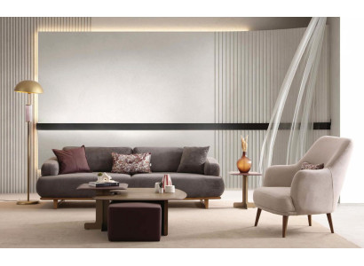 Sofa Sessel Grau Beige Stoff Holz Modern Wohnzimmer Garnitur