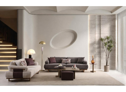 2x 3-Sitzer Sofa Grau Beige Stoff Holz Modern Wohnzimmer Sitzgarnitur