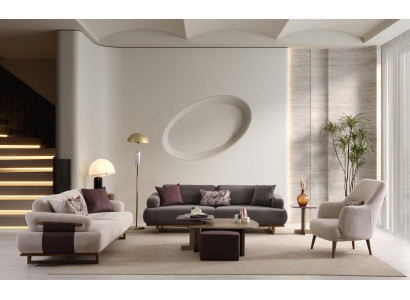 Wohnzimmer Set 2x 3-Sitzer Sofa Sessel Beige Grau Stoff Modern