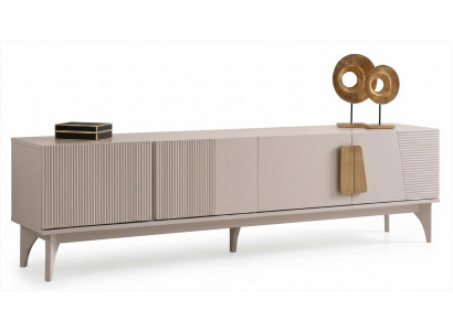 TV-Lowboard Beige Modern Fernsehschrank Rillenfront Goldgriff Design