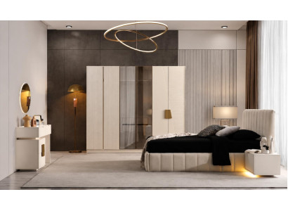 Schlafzimmer Set Polsterbett Kleiderschrank Kommode Nachttisch Spiegel