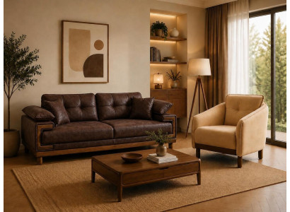 Beige 3-Sitzer Sofa Sessel Set Braun Modern Stoff Wohnzimmer