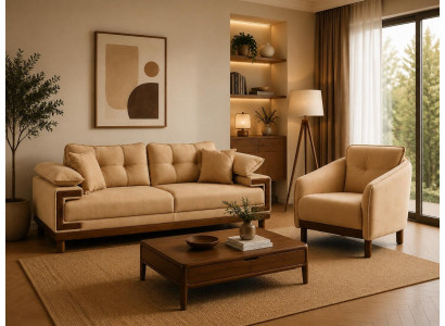 Modern 3-Sitzer Sofa Sessel Set Beige Stoff Wohnzimmer Polstermöbel