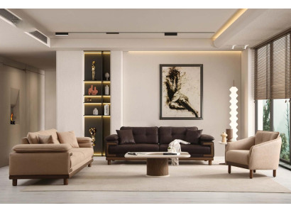 2x 3-Sitzer Sofa Sessel Set Beige Braun Modern Stoff Holz Wohnzimmer