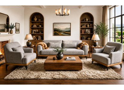 Sofa 3-Sitzer 2 Sessel Grau Modern Stoff Holz Metall Set