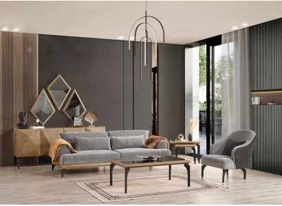 Modern 3-Sitzer Sofa Sessel Grau Stoff Polstermöbel Wohnzimmer Set