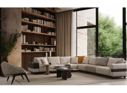 Ecksofa L-Form Sessel Set Beige Braun Modern Stoff Holz Wohnzimmer
