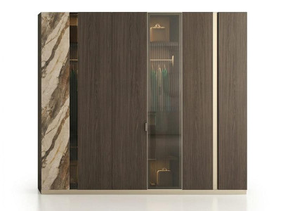 Moderner Kleiderschrank Braun Holz mit Glastür und Marmor