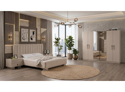 Beiges Schlafzimmer-Set Bett großer Kleiderschrank Nachttische Designermöbel