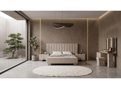 Modernes Schlafzimmer-Set in Beige Bett Schminktisch Nachttische Designer-Set