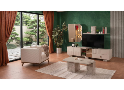 Beiges TV-Set Kommode aus Holz Regal Couchtisch Wohnzimmer-Set