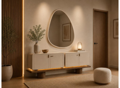 Sideboard Spiegel Beige Holz Glas Beleuchtung Modern Flurmöbel