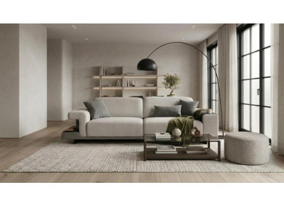 Beige Wohnzimmer Stoffgarnitur Polster 3-Sitzer Textil Sitzhocker