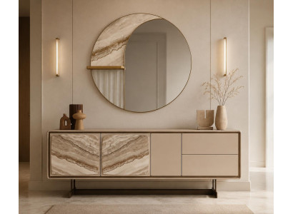 Sideboard Spiegel Set Beige Gold Marmoroptik Holz Modern Luxus Design