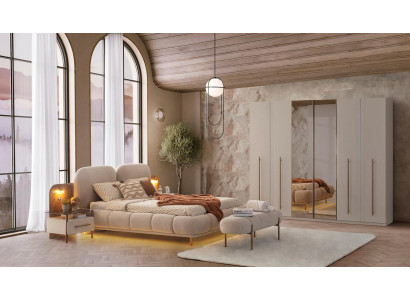 Schlafzimmer Set Bett Kleiderschrank Bettbank Modern Beige Elegant