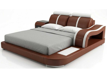 Designer Schlafzimmer Set Premium Bett mit Nachttisch und LED Licht