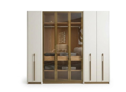 Kleiderschrank Weiß Beige mit Glastüren und Schubladen Schlafzimmer