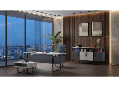 Grau-weißes Büro-Set Schreibtisch Schrank Couchtisch Büro