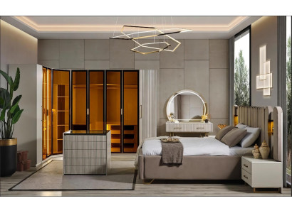 Schlafzimmer Set Bett Schrank Kommode Frisiertisch Spiegel Beige Edel