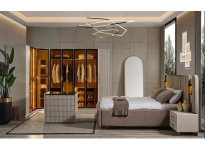 Schlafzimmer Set Bett Schrank Kommode Nachttisch Spiegel Beige Modern