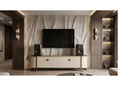 Stilvolles TV Lowboard Beige mit Stauraum Gold
