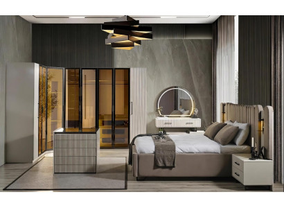 Schlafzimmer Set Bett Schrank Kommode Spiegel Hocker Modern Beige Edel