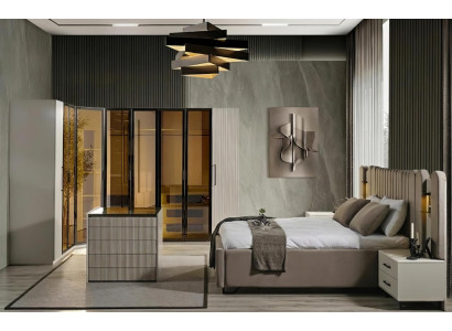 Schlafzimmer Set Bett Schrank Kommode Nachttisch Modern Beige Edel