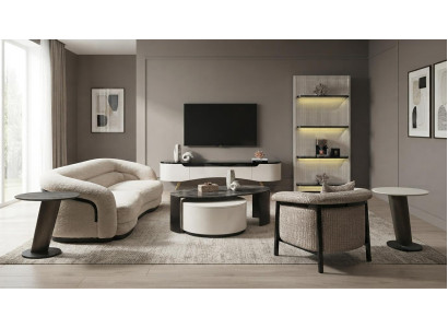 Design Wohnzimmer Set Beige Holz 3-Sitzer Sessel Lowboard Regal
