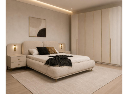 Schlafzimmer Set Bettanlage Kleiderschrank Modern Beige Luxuriös Edel
