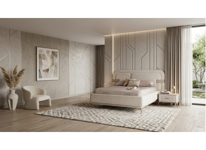Bett 2x Nachttisch Beige Modern Luxus Doppelbett Nachttische Set