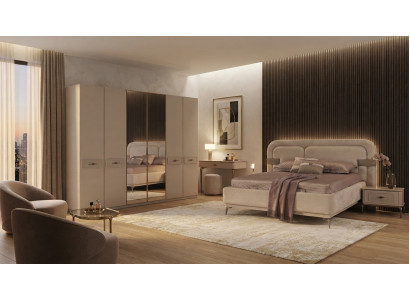 Bett Schrank 2x Nachttische Beige Modern Luxus Schlafzimmer Set