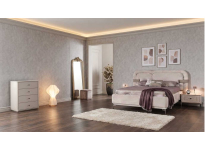 Bett 2x Nachttisch Kommode Beige Modern Luxus Schlafzimmer Set