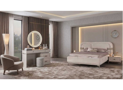 Bett 2x Nachttische Schminktisch Spiegel Beige Modern Luxus Set