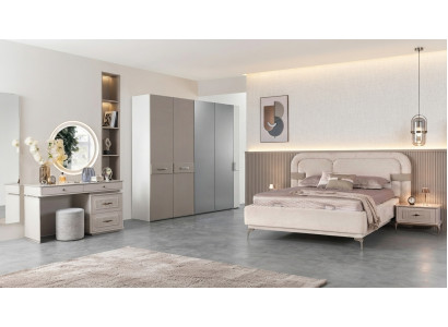 Bett Schrank Schminktisch Hocker Beige Modern Luxus Spiegel Set