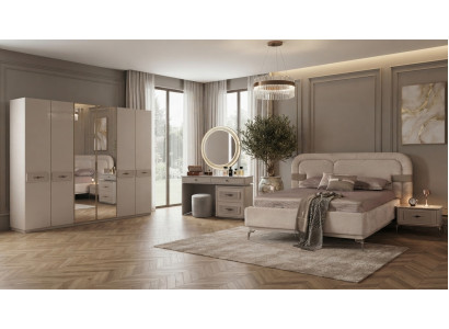 Bett Schrank Schminktisch Hocker Beige Modern Luxus Spiegel Set