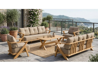 Gartenlounge Set 3-Sitzer sofa Sessel Beige Kissen Couchtisch Holz