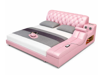 Elegantes rosa Polsterbett modern mit Chesterfield Kopfteil und Stauraum