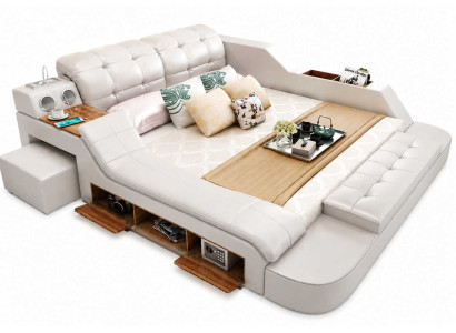 Komfortables Doppelbett Weiß modern mit Stauraum Tisch und Relaxbereich