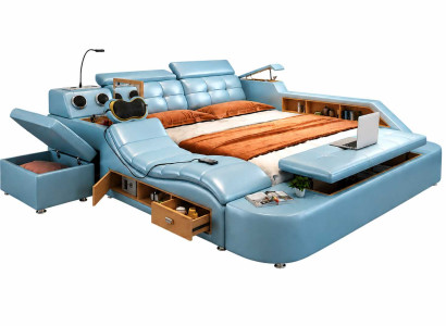 Bequemes Smart Bett Blau mit Design Kopfteil und innovativen Funktionen